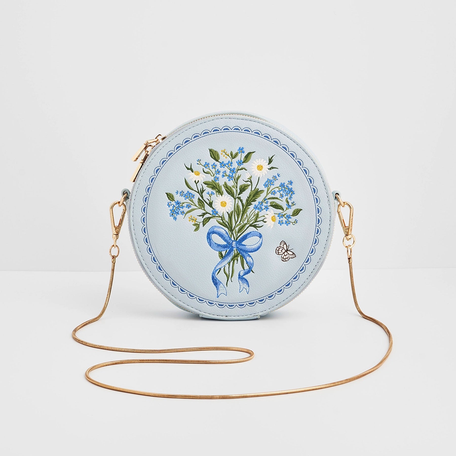 Geantă rotundă albastră cu fundă florală brodată - Fable England