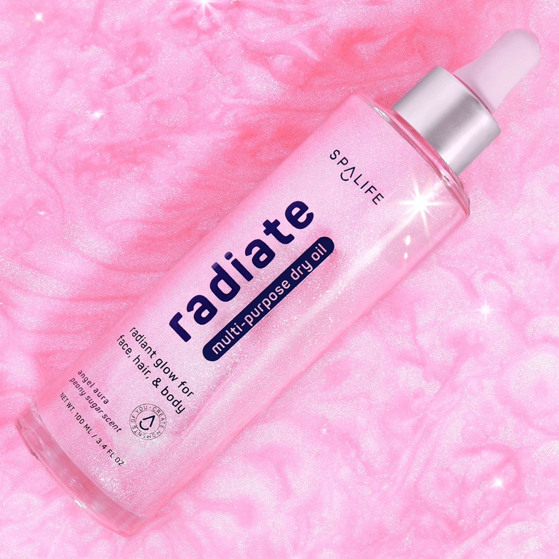 Ulei multifuncțional cu aromă de bujor și particule strălucitoare