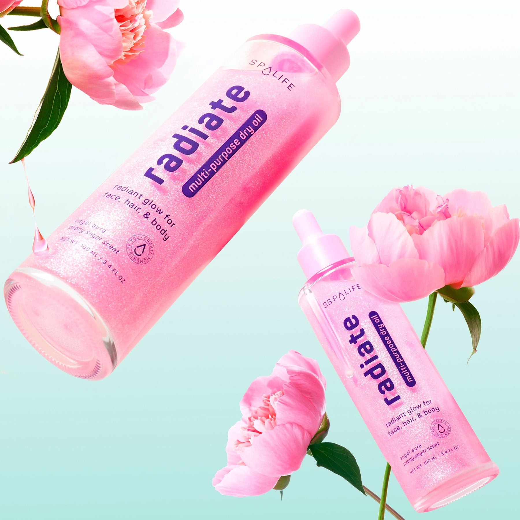 Ulei multifuncțional cu aromă de bujor și particule strălucitoare